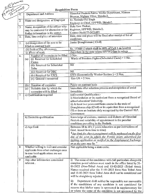 HP PWD Recruitment 2025 Batch wise Recruitment for Junior Draughtsman (Civil)