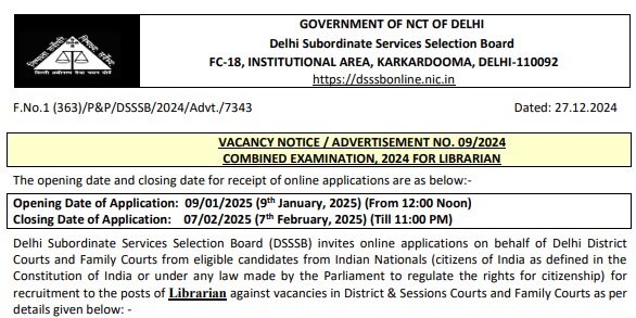 Delhi SSSB Librarian Recruitment 2025