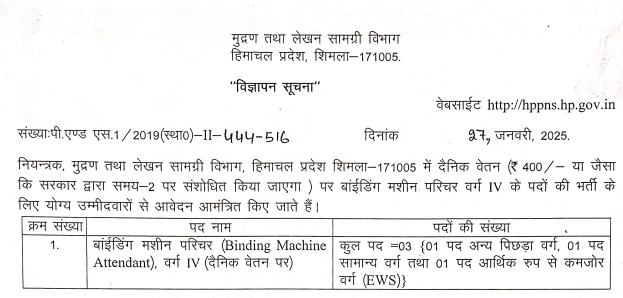 Printing & Stationery Department Recruitment 2025