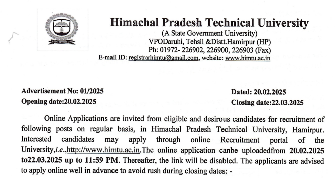 Himachal Technical University Recruitment 2025