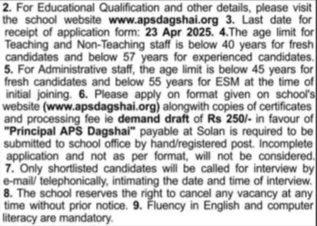 APS Dagshai Solan Recruitment 2025 Apply for 26 Teaching & Non Teaching Posts 5 APS Dagshai Solan Recruitment 2025