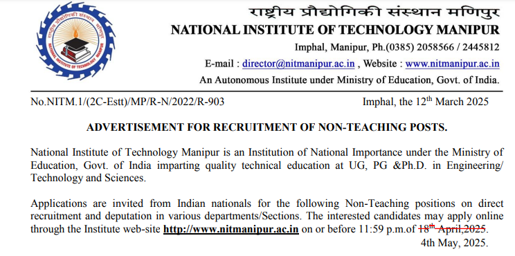 NIT Manipur Recruitment 2025