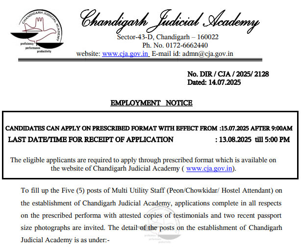 Chandigarh Judicial Academy MTS Recruitment 2025 Apply online for 5 Posts 3 Chandigarh Judicial Academy MTS Recruitment 2025