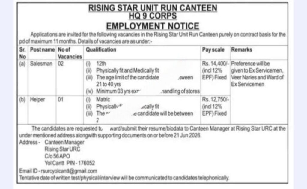 Rising Star Canteen Recruitment 2026