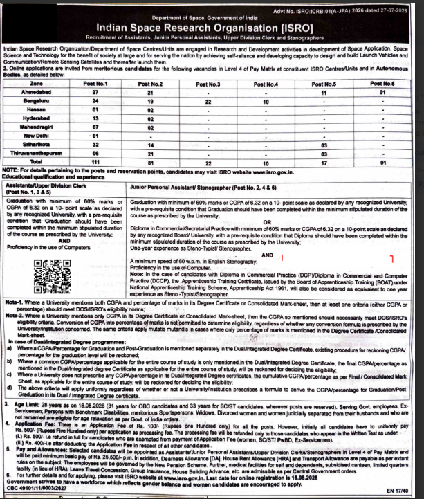 ISRO Recruitment 2026 Apply online for Assistant, UDC, JPA & Other 242 Posts 3 image 2